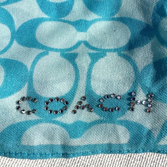COACH Teal Blue Silky Signature C Scarf w/ Crystal ‘COACH’ Logo ~10”x52” - Picture 3 of 8
